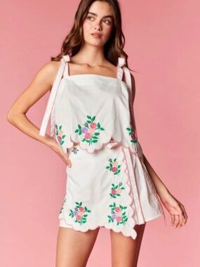 White Floral Embroidered Tie-Shoulder Skort Set